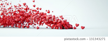 Many small red hearts flying through the air create a beautiful wave against a clean white background, ideal for celebrating valentine's day, women's day, or the joy of spring 131343271