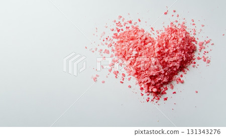 Pink crystals arranged in a heart shape on a white background creating a romantic atmosphere, perfect for valentine's day, mother's day, or spring themed projects 131343276