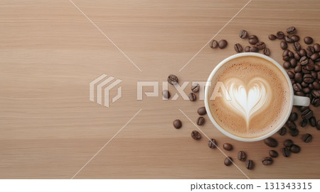 Cup of cappuccino with latte art heart and coffee beans on wooden table is showing love, affection, care, and celebrating valentine's day, women's day, or spring 131343315
