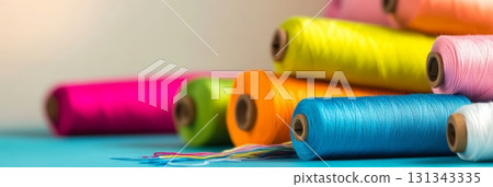 Colorful spools of thread are stacked on a blue surface, ready for sewing and fashion design projects, creating a vibrant and inspiring scene 131343335