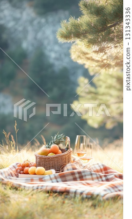 Plaid blanket with wicker basket full of fresh fruit like pineapple, grapes, and apricots, along with two glasses of rose wine creating a perfect picnic setup amidst a serene natural landscape 131343336