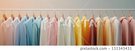 Many pastel colored clothes are hanging neatly on wooden hangers on a white clothing rack, showcasing a gradient of soft hues, creating a visually appealing display for fashion and retail purposes Many pastel colored clothes are hanging neatly on wooden hangers on a white clothing rack, showcasing a gradient of soft hues, creating a visually appealing display for fashion and retail purposes 131343431