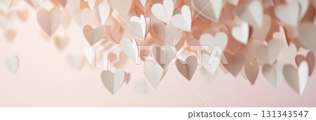 Hanging paper hearts with delicate folds against a soft pastel pink backdrop create a romantic atmosphere ideal for valentine's day and celebrations of love 131343547