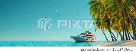 Modern white yacht sailing near a beautiful tropical island with palm trees on a sunny summer day, representing the ultimate luxury travel and holiday experience 131343663