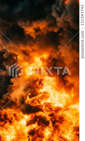 Intense orange and yellow flames rising through dark gray smoke create a dramatic scene of uncontrolled fire, symbolizing destruction and danger Intense orange and yellow flames rising through dark gray smoke create a dramatic scene of uncontrolled fire, symbolizing destruction and danger 131343743