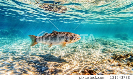 Sunlight filtering through water illuminates a fish swimming gracefully above a sandy seabed, creating a tranquil underwater scene evoking summer holidays and serene marine beauty Sunlight filtering through water illuminates a fish swimming gracefully above a sandy seabed, creating a tranquil underwater scene evoking summer holidays and serene marine beauty 131343788