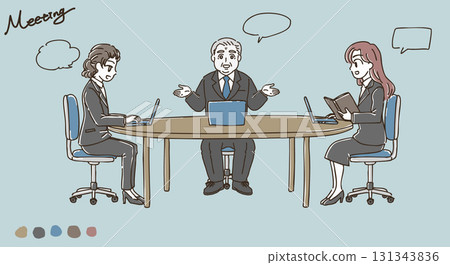 Illustration material of an elderly male boss and a young female employee having a meeting in a simple and cute office 131343836