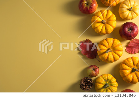 Autumn pumpkins on yellow. Thanksgiving day or Halloween. Fall abstract background 131343840