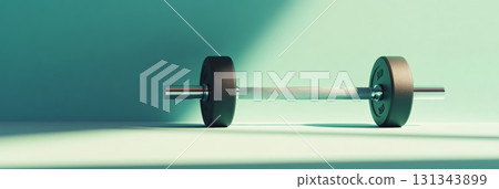 Metal barbell with weights lying on floor in empty gym with teal wall and floor, representing fitness, strength training, and healthy lifestyle 131343899