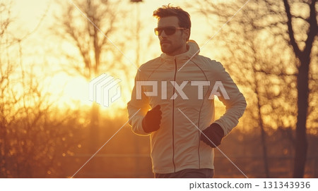 Young sportsman is jogging in a park during sunset, wearing a white jacket, black gloves and sunglasses, enjoying the golden hour light filtering through trees 131343936