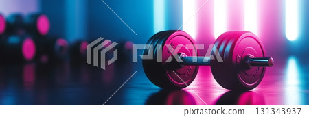 Black barbell with weights lying on gym floor reflecting neon pink and blue lights with other weights blurred in background 131343937