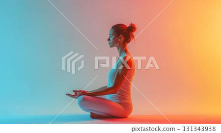 Young woman practicing yoga, meditating in lotus pose under blue and orange neon lights, finding inner peace and balance in a vibrant, colorful setting 131343938