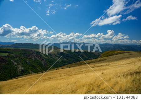 Panoramic view of golden hills and mountain peaks in Durmitor, showcasing the alpine landscape, natural scenery, and summer sunlight 131344068
