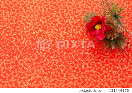 Red Japanese paper with gold floral pattern and camellias Red Japanese paper with gold floral pattern and camellias 131344176