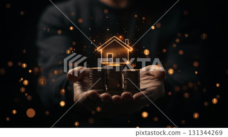 Businessman is presenting a stack of coins with a glowing house icon hovering above, symbolizing investment in real estate, financial growth, and the concept of home ownership 131344269