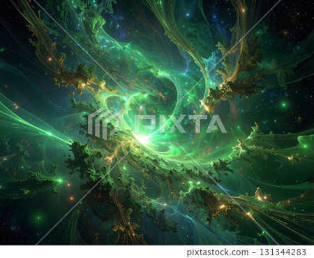 A torrent of green light creates a digital atmosphere in outer space 131344283