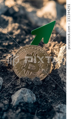 Golden bitcoin coin in the ground with a green arrow pointing up, symbolizing a price increase and positive trend in the cryptocurrency market 131344291