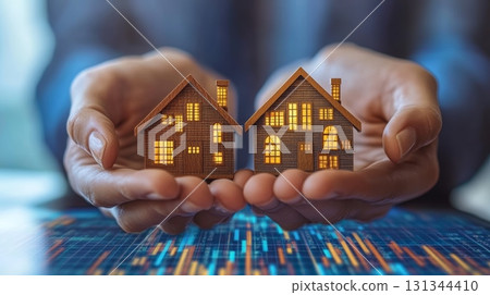 Businessman holds two lit miniature houses, symbolizing real estate investment and protection amid stock market data, showing financial security and property value 131344410