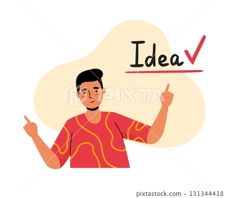 Notebook sticker. Man with idea. Solution checkmark. Business strategy. Brainstorm insight. Startup project. Organizer planning. Goal complete. Businessman decision. Planner vector label 131344418