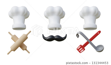3D chef icon. Kitchen cook hat. Professional food utensils or fine wear uniform. Cooking ladle and toque. Render baker mustache. Cooker cutlery. Meal preparation. Vector cartoon logo set 131344453
