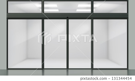Glass door. Office window front view. Shop building storefront transparent frame. 3D doorframe. Mall facade. Empty boutique. Realistic metal entrance. Vector architecture exterior mockup 131344454