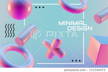3D elements. Abstract neon shapes. Cube render or gradient geometric figure as geometry metal square and ball. Glossy sphere and cylinder. Iridescent form. Frame banner. Vector background 131344473