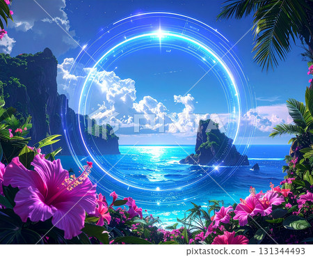 Digital lines of light and colorful hibiscus flowers invite you to a virtual tropical beach 131344493