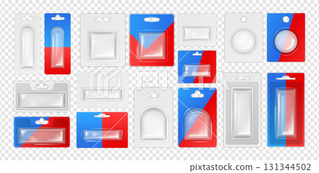 Blister mockup. Plastic box pack. Square hang case or white clamshell. 3D cardboard container for product. Individual holder with transparent display. Clear package. Vector objects set Blister mockup. Plastic box pack. Square hang case or white clamshell. 3D cardboard container for product. Individual holder with transparent display. Clear package. Vector objects set 131344502