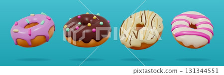 3d doughnut. Donut chocolate dessert, pink cake bakery in sweet vanilla or cocoa glaze. Cupcake cream snack, breakfast pastry. Confectionery with different topping. Vector isolated icons 3d doughnut. Donut chocolate dessert, pink cake bakery in sweet vanilla or cocoa glaze. Cupcake cream snack, breakfast pastry. Confectionery with different topping. Vector isolated icons 131344551