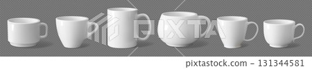 Coffee cup. White mug mock up, 3d ceramic classic tea drink with shadow or blank empty object side view. Hot cafe teacup. Clean porcelain utensil with shadows. Vector isolated template 131344581