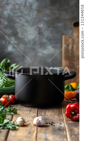 Steaming black pot resting on a rustic wooden table, surrounded by an array of vibrant fresh vegetables, crafting a warm and inviting culinary atmosphere perfect for meal preparation Steaming black pot resting on a rustic wooden table, surrounded by an array of vibrant fresh vegetables, crafting a warm and inviting culinary atmosphere perfect for meal preparation 131344658