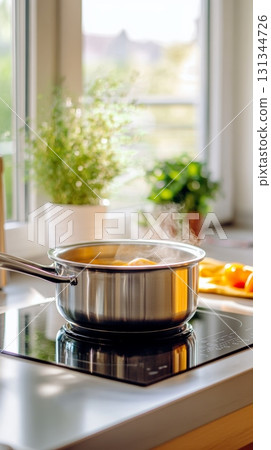 Stainless steel pot simmering food on a modern induction stovetop in a sunlit kitchen, steam rising, creating a warm and inviting culinary scene 131344726