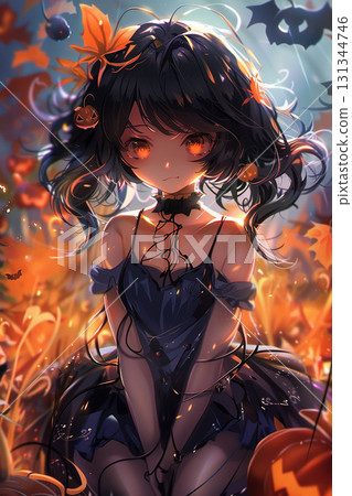 Girl in Halloween pumpkin dress 131344746