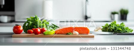 Fresh salmon fillet, garlic, tomatoes, parsley, pepper and other vegetables are lying on a wooden cutting board in a modern kitchen, ready to be cooked for a healthy meal 131344748