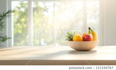 Wooden bowl overflowing with vibrant fruits like pineapple, bananas, oranges, and apples sits on a sunlit kitchen table, creating a refreshing atmosphere Wooden bowl overflowing with vibrant fruits like pineapple, bananas, oranges, and apples sits on a sunlit kitchen table, creating a refreshing atmosphere 131344767