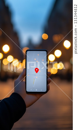 Hand holding smartphone displaying navigation map with marked location pin in urban environment at dusk, providing convenient wayfinding solution for exploring city streets 131344812