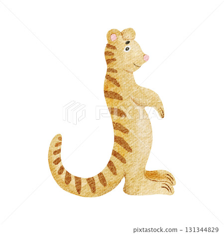 Meerkat watercolor illustration isolated on white in lookout pose. African savannah suricate animal for kids safari designs. Desert animal in simple childish style. Nursery hand drawn clip art 131344829