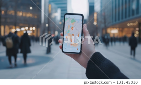 Businessman holding smartphone displaying navigation app with multiple location pins in busy city center, using technology for urban exploration and efficient travel 131345010