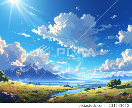 The magnificent scenery of huge cumulonimbus clouds coloring the blue summer sky and the grassy road 131345020