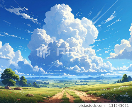 巨大的積雨雲為夏日的藍色天空和草木茂盛的道路增添色彩,景色壯麗 巨大的積雨雲為夏日的藍色天空和草木茂盛的道路增添色彩,景色壯麗 131345021