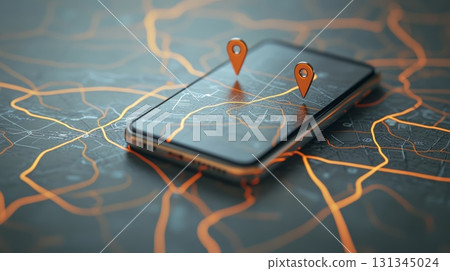 Modern smartphone displaying interactive map with highlighted routes and location pins, symbolizing gps navigation, route planning, and location based services in contemporary technology 131345024