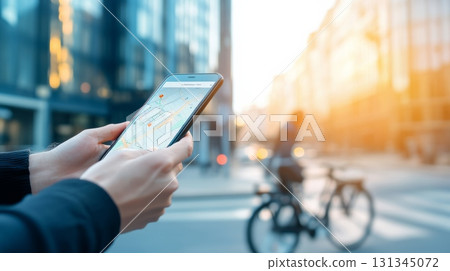 Businesswoman using a navigation app on her smartphone while navigating the bustling city center, with a blurred cyclist passing by on a sunny day filled with vibrant urban life 131345072