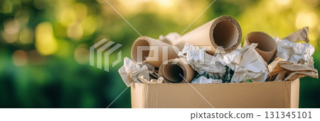 Cardboard box overflowing with crumpled paper and cardboard rolls promoting eco friendly waste management and sustainable practices for a greener environment 131345101