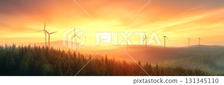 Golden sunset illuminating wind turbines on rolling hills, generating sustainable and renewable energy amidst a serene forest landscape, showcasing eco friendly power generation 131345110