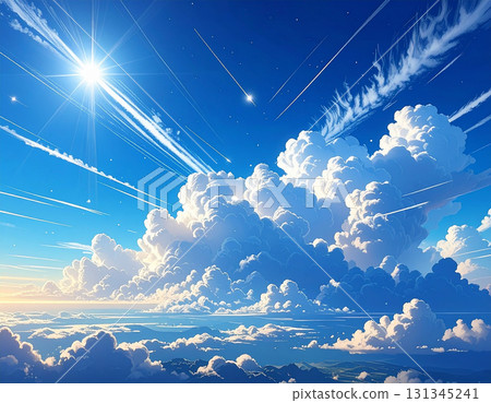 A blue sky with rays of light and wakes running through a magnificent sea of clouds 131345241