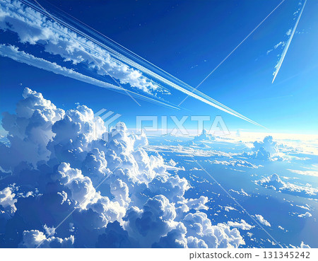A blue sky with rays of light and wakes running through a magnificent sea of clouds 131345242