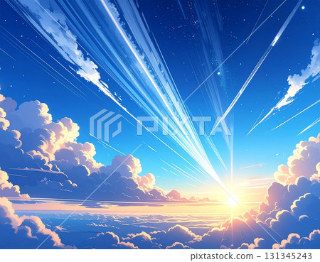 A blue sky with rays of light and wakes running through a magnificent sea of clouds 131345243