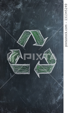 Green recycling symbol hand drawn on a dark chalkboard, representing eco friendly practices and raising awareness about waste management and environmental sustainability 131345249