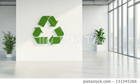Large green recycle symbol displayed on a white wall in a modern office space with large windows and potted plants, promoting sustainability and waste management Large green recycle symbol displayed on a white wall in a modern office space with large windows and potted plants, promoting sustainability and waste management 131345266