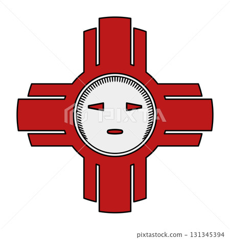Original Zia Sun symbol. Red solar sign with four sunbeams in cardinal directions, and template for the symbol on the flag of New Mexico. Originally depicted on pottery of the indigenous Zia people. Original Zia Sun symbol. Red solar sign with four sunbeams in cardinal directions, and template for the symbol on the flag of New Mexico. Originally depicted on pottery of the indigenous Zia people. 131345394